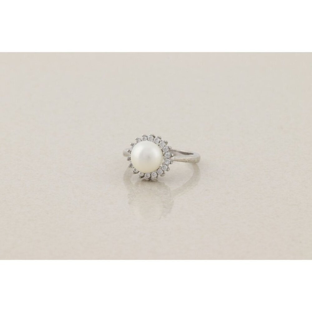 Sterling Silver Freshwater Pearl and Cubic Zirconia Halo Ring Size 7 - Picture 5 of 8